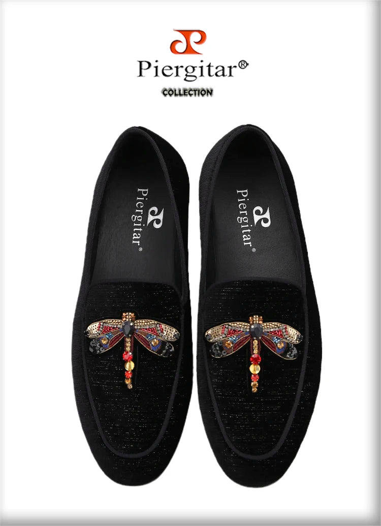 Piergitar 2022 Handmade Rhinestone Sequin Dragonfly Embroidered Patch Men's Loafers British Style Retro Moccasins Slip-On Shoes