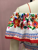 2024 Spring/Summer New Women Retro Fashion One Shoulder Red Flower Printed Waist Collection Long Style Large Swing Casual Dress