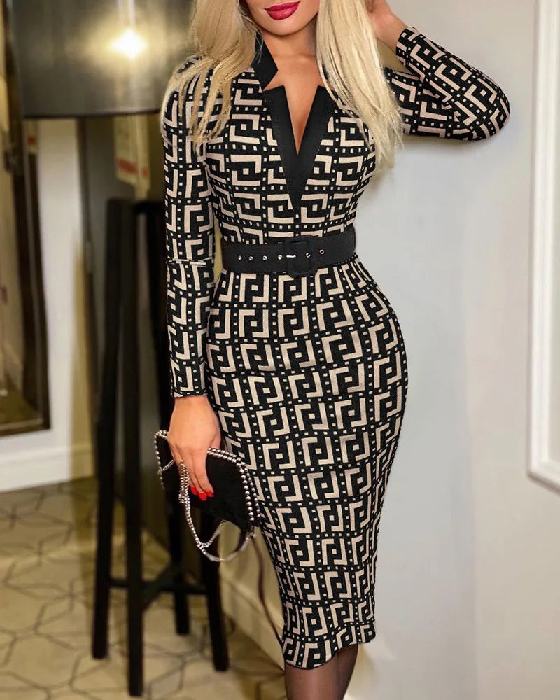 Geo Print Slim Fit Dress Elegant High Waist Slit Midi Dress, Women
