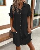 Women's Fashion Summer Minimalist V-neck Button Up Dress Woman Cotton Linen White Short Sleeved Pocket Casual Loose Shirt Dress