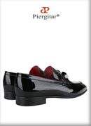 Piergitar Black Patent Calf Leather Men's Loafers With Silver Balls Crystals Buckles Handmade Moccasins For Wedding Or Prom Wear