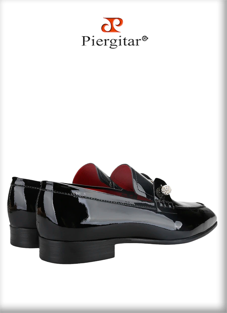 Piergitar Black Patent Calf Leather Men's Loafers With Silver Balls Crystals Buckles Handmade Moccasins For Wedding Or Prom Wear