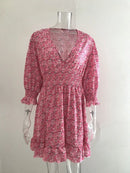 New Mid length Dress Waist Pullover Bohemian Printed Short Sleeve Fragmented Flower Dress