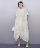New 2025 Summer Woman Short-Sleeve Black Striped Shirt Dress Loose Fit Chic Big Size Casual Holiday Irregular Large Robe JKXD017