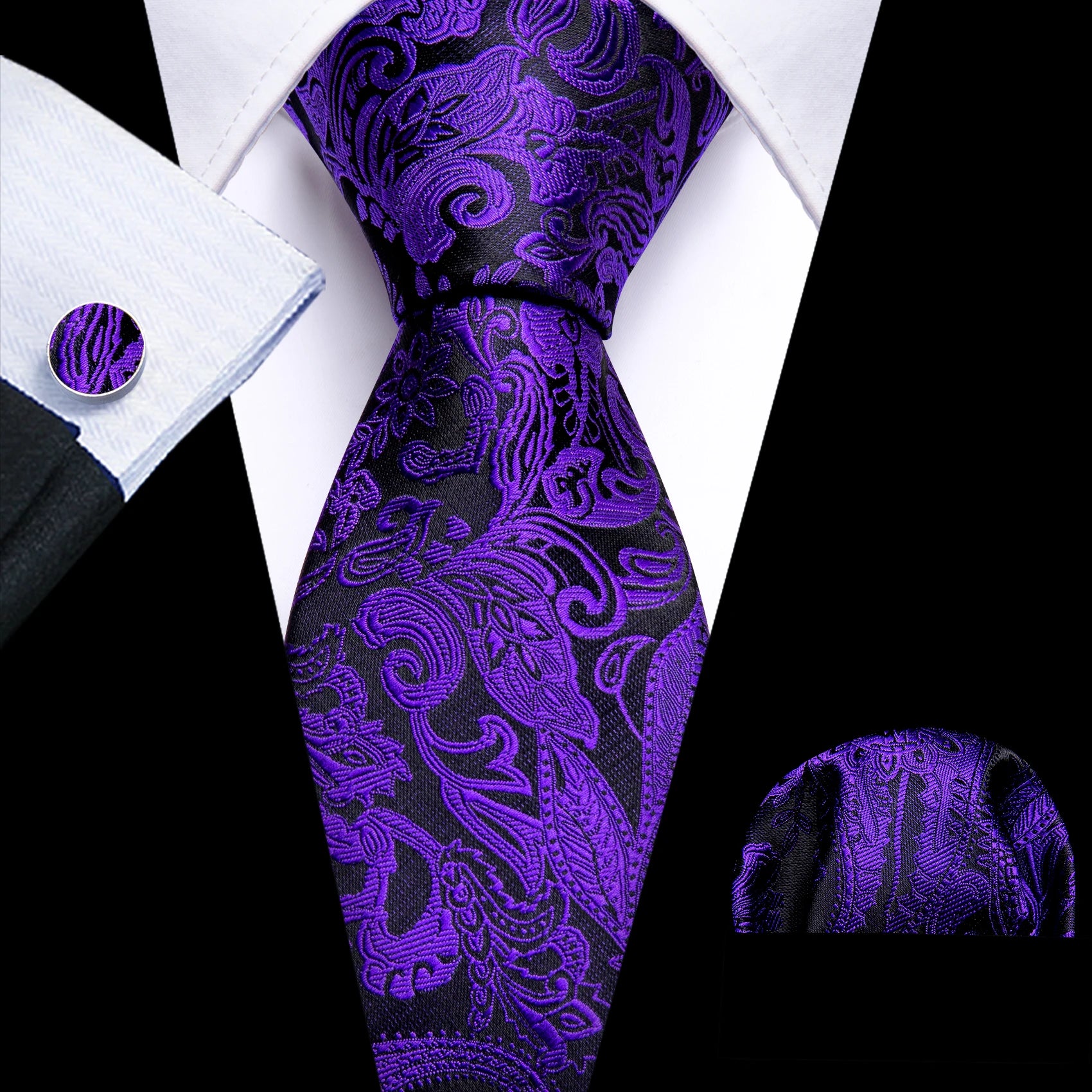 Fashion Silk Purple Solid Mens Wedding Tie Hanky Set Barry.Wang Designer Paisley Floral Neckties For Mens Gift Party Groom