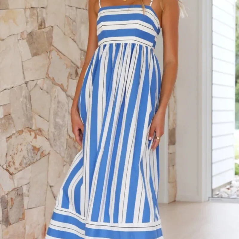 Spring And Summer Striped Vest Backless Large Swing New Dress For Women, Collarless And Sleeveless Oversized Swing Dress