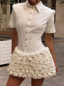 Short Sleeve White Dress with 3D Flower Women's Lapel Button Pleat Neck
