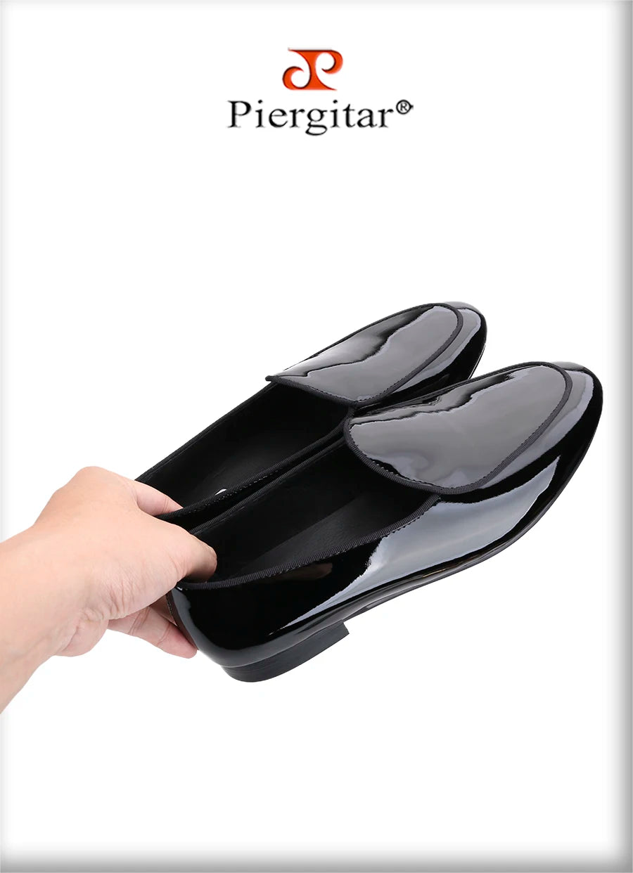 Piergitar Classic Style Black Patent Leather Slip-On Loafers For Party And Wedding Handmade Men's Dress Shoes Luxury Red Bottom