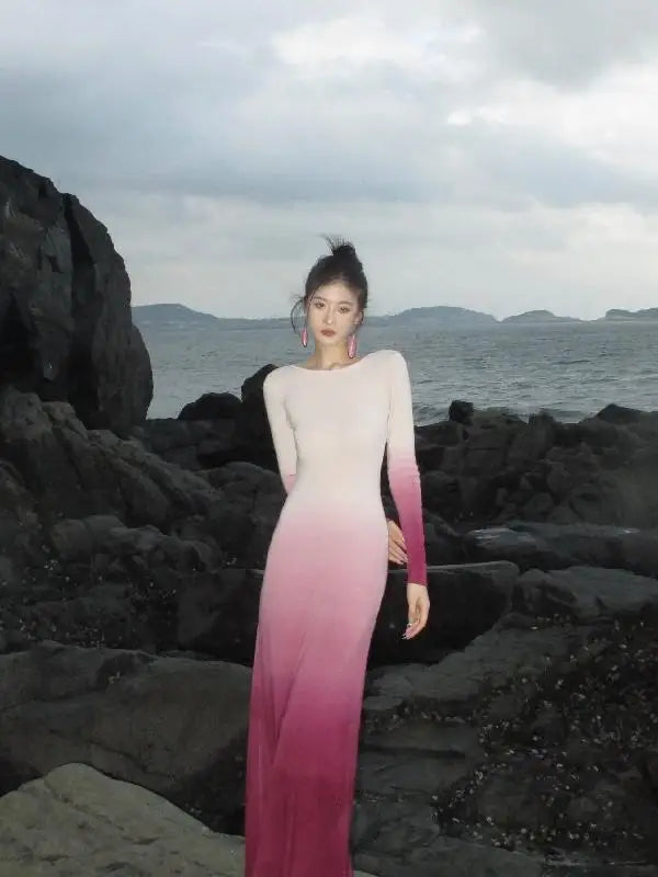 Tie-Dye Gradient Spring/Autumn Dress with Exquisite Back Cutout and Elegant Long Skirt