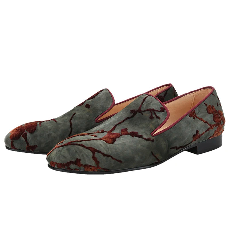 Men's Moccasins with Classic Bright Red Outsole and Three Colors of Flocking Jacquard Tie-Dyed Cottons