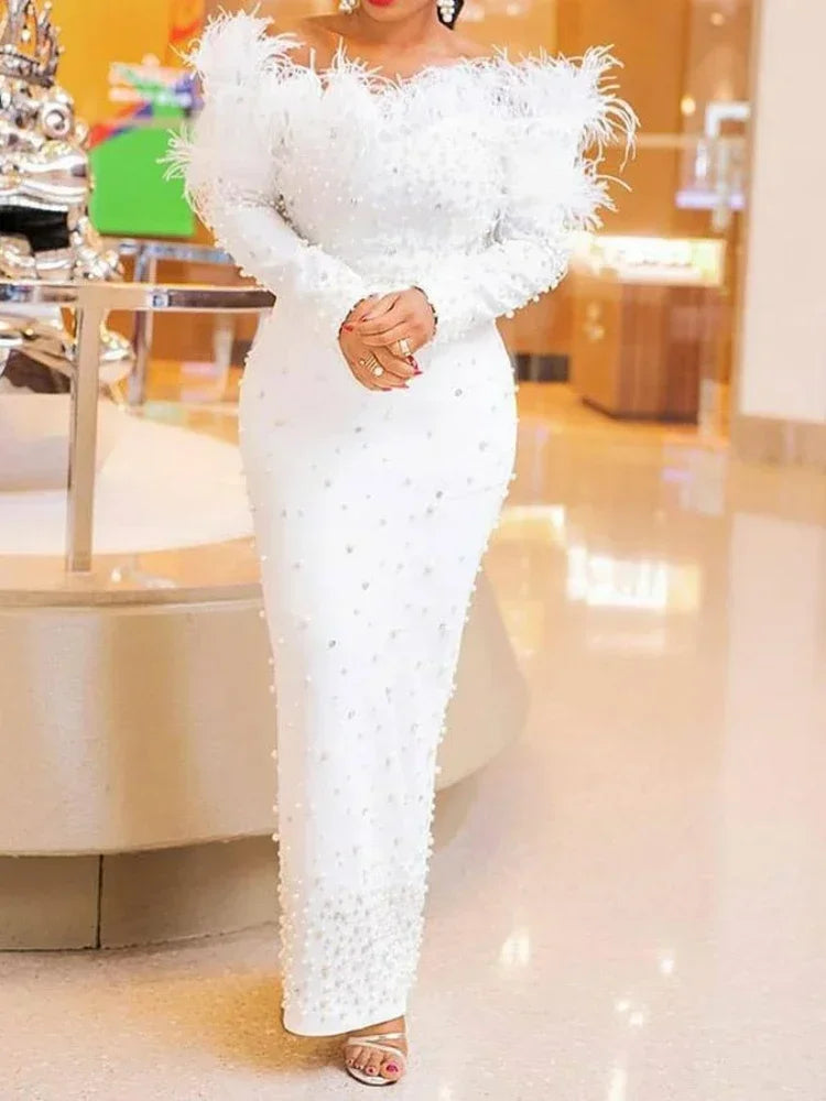 Women's Long White Pearls Dress