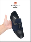 Piergitar 2023SS Navy Suede And Black Calfskin Leather Slippers With Handmade Tassels Italian Design Classic Men's Loafers