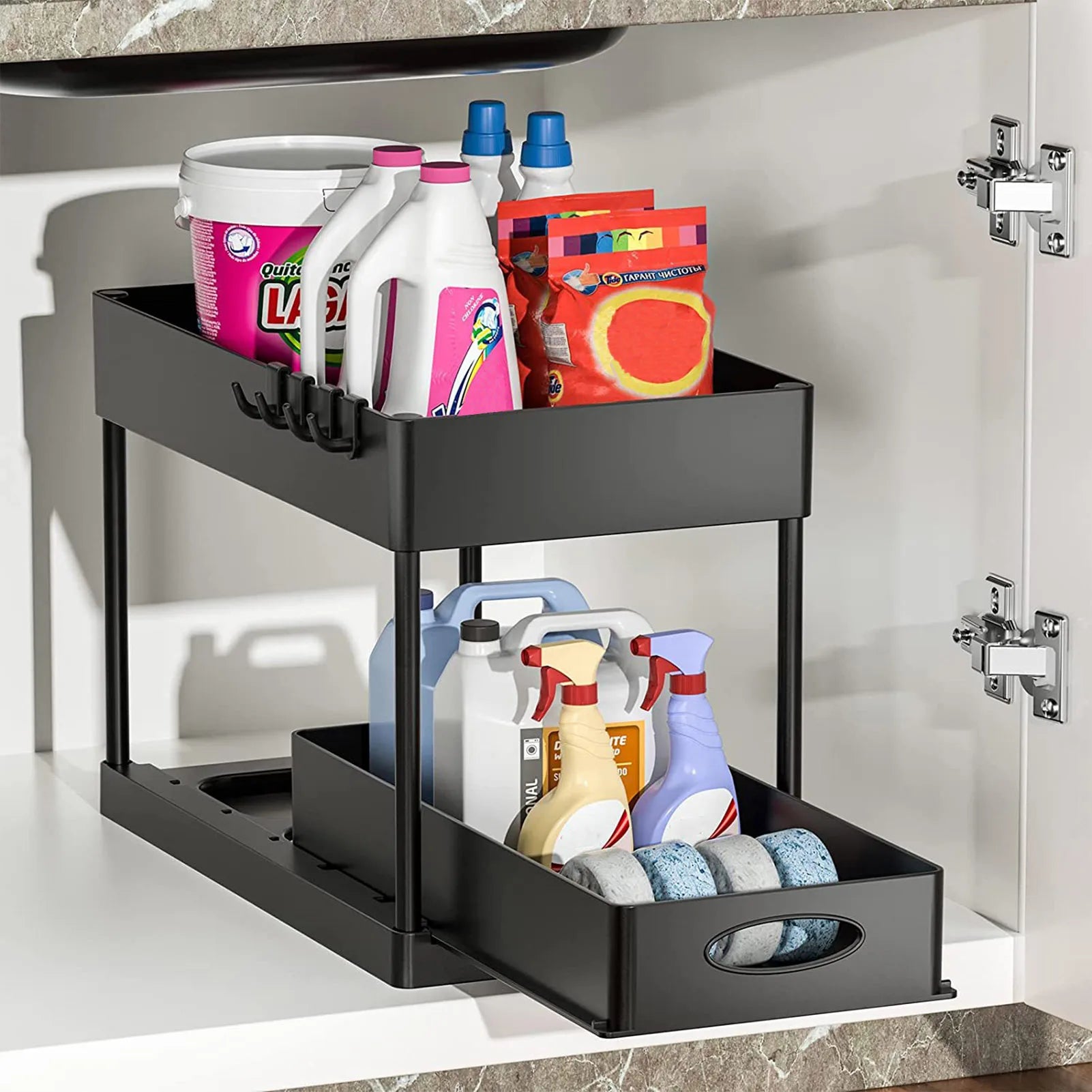BathroomUnder Sink Sliding Drawers Shelves Black Cabinet Rack