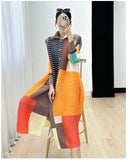 Miyake Women's Color Matching Dress, Autumn and Winter New Fashion Print Pleats, Medium Length, Loose Length Skirt