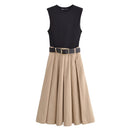 2025 Woman Dresses Belt pleated Midi Dress Sleeveless