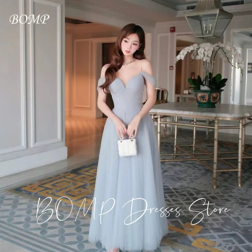 BOMP Princess Grey Korea Wedding Party Dress Sweetheart Off Shoulder Draped Tulle Special Occasion Birthday Gown Customized
