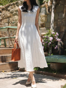 White Bow Jacquard Sundress Women Sweet Summer A-Line Dress with Tie Straps Petite Fit Flowy Midi Dress Cute Vacation Daily Wear