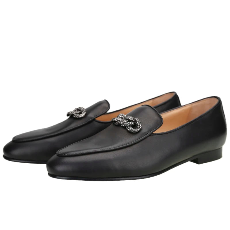New Style Men's Loafers with Rhinestone Buckles for Weddings and Parties Handmade Genuine Leather Smoking Shoes