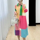 Miyake Women's Color Matching Dress, Autumn and Winter New Fashion Print Pleats, Medium Length, Loose Length Skirt