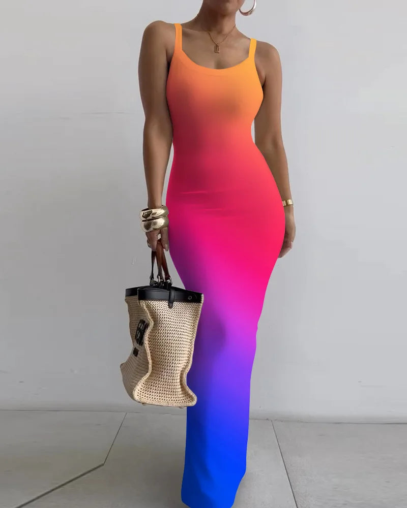 Gradient Printed Long Dress Summer New Women's Fashionable Printed Sexy Sleeveless Suspender Slim Fit Hip Hugging Long Dress