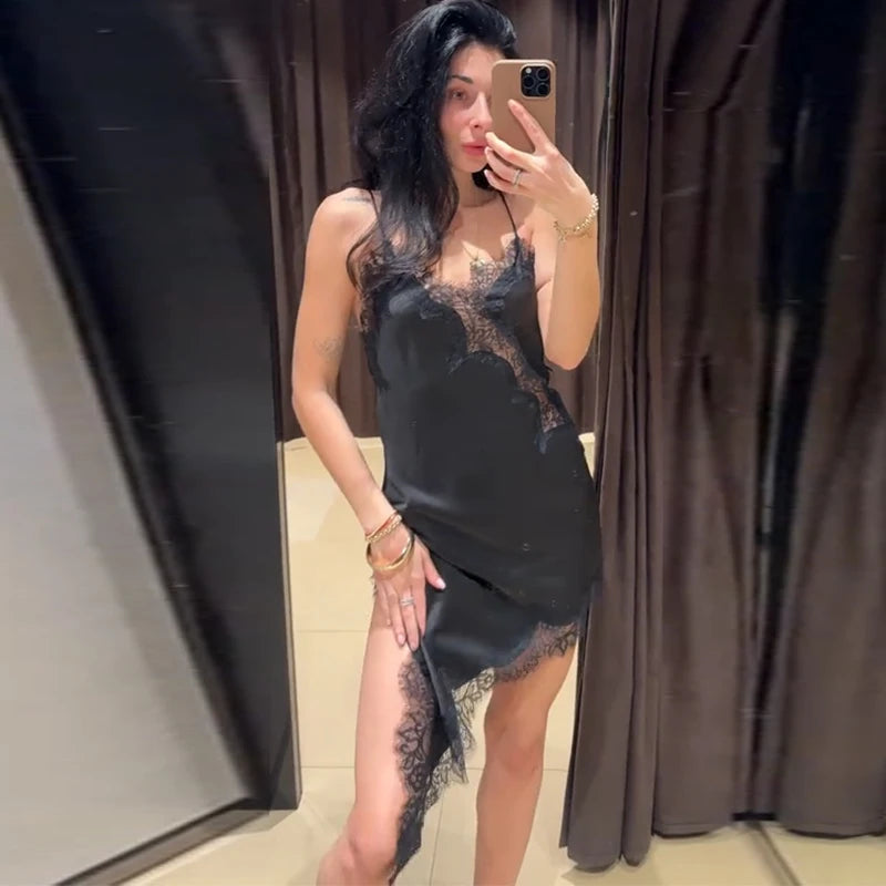 Sexy Sling Dress Women V Neck Hollow Out Backless Patchwork Lace
