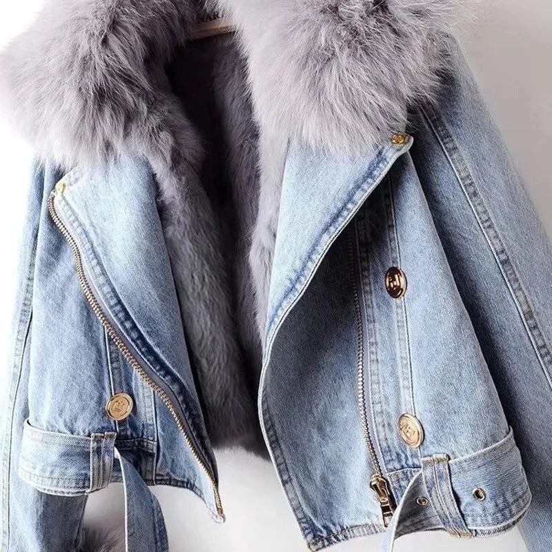 Women Faux Fox Fur Collar Jean Coat Winter Denim Jacket Female Short Warm Parkas Rabbit Hair Lining Outwear Fashion Overcoat