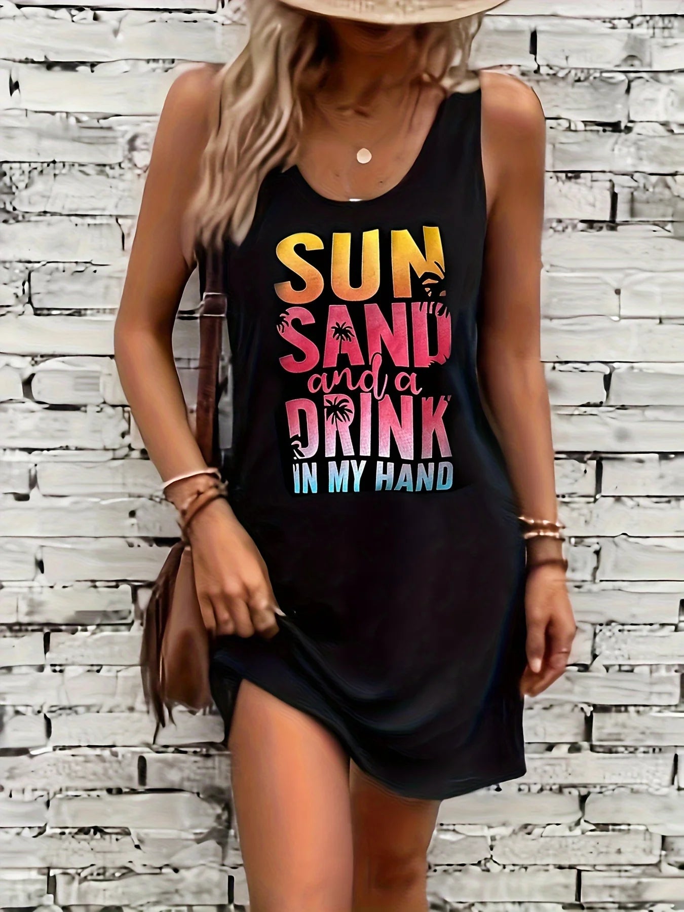 Women's Summer Sleeveless Tank Top Dress Sexy Women's summer loose sleeveless short mini dress with black print