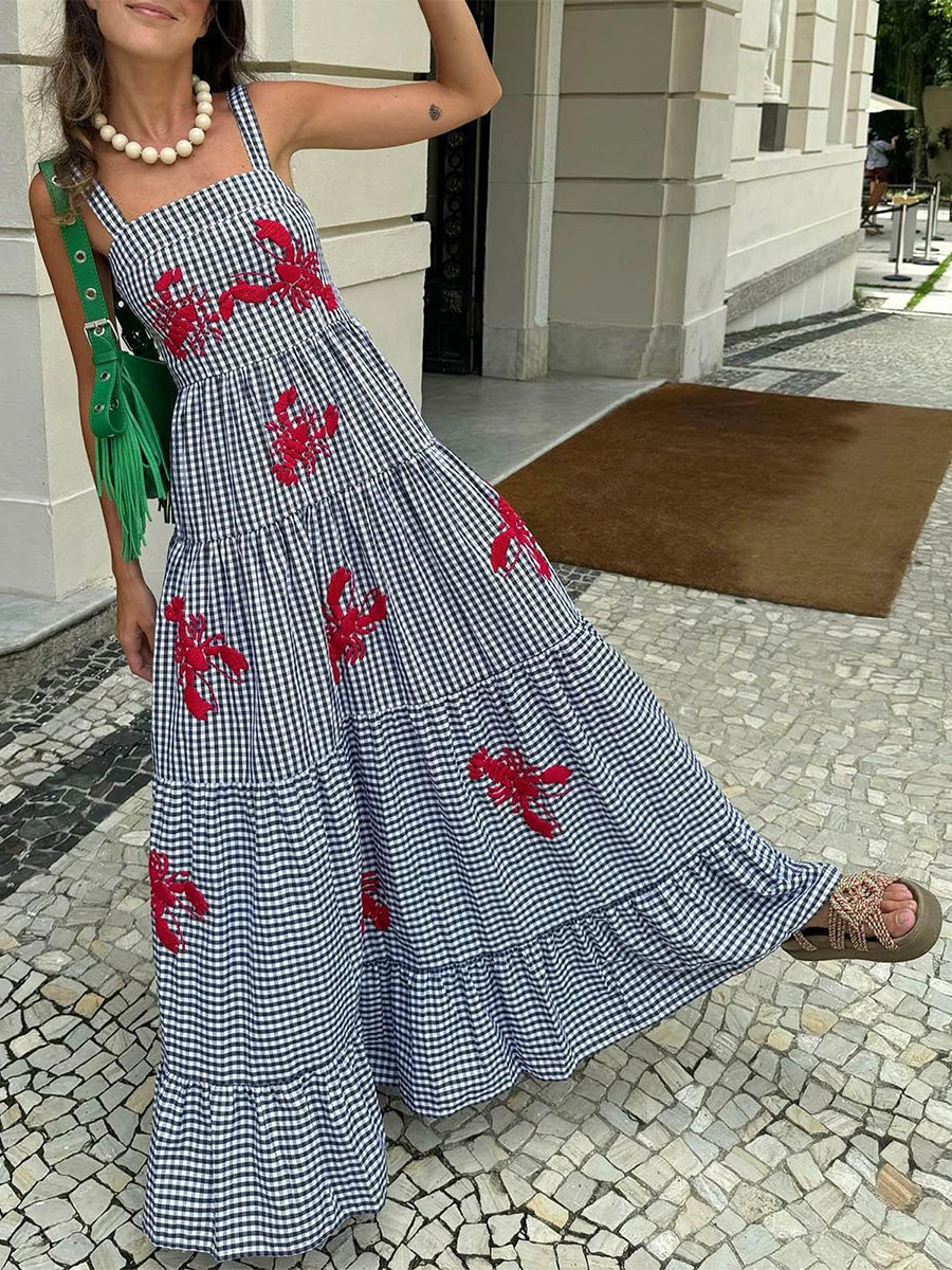 Imcute Women Cute Embroidered Maxi Dress Beach Dress Summer Boho Ruffle Long Dress Spaghetti Strap Flowy Maxi Dress