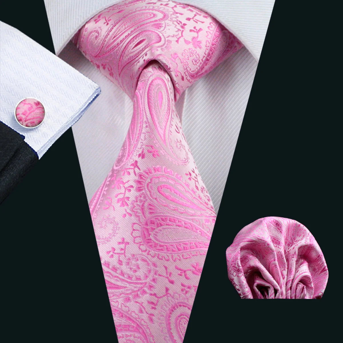 Peach Pink Wedding Ties For Men Exquisite Paisley Silk Pocket Square Cufflink Sets Fashion Woven Suit Necktie Groom Barry.Wang