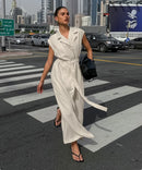 2025 Autumn New Style Commuter Long Skirt For Women Elegant Fashionable Solid Color Lapel Sleeveless High Waist Lace-up Dress