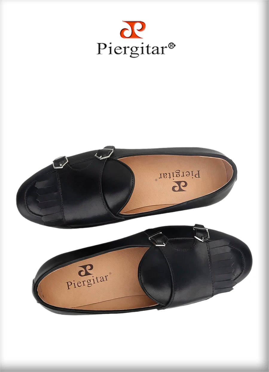 Piergitar 2023 Dark Brown Nappa Calfskin Double-Monk Belgian Loafers With Fringes And Metal Buckles Slip-On Men Smoking Slippers