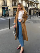 TRAF Women's Fashion Long Trench Coat Retro Loose Single-breasted Coat Autumn and Winter Lapel High Street Temperament Coat