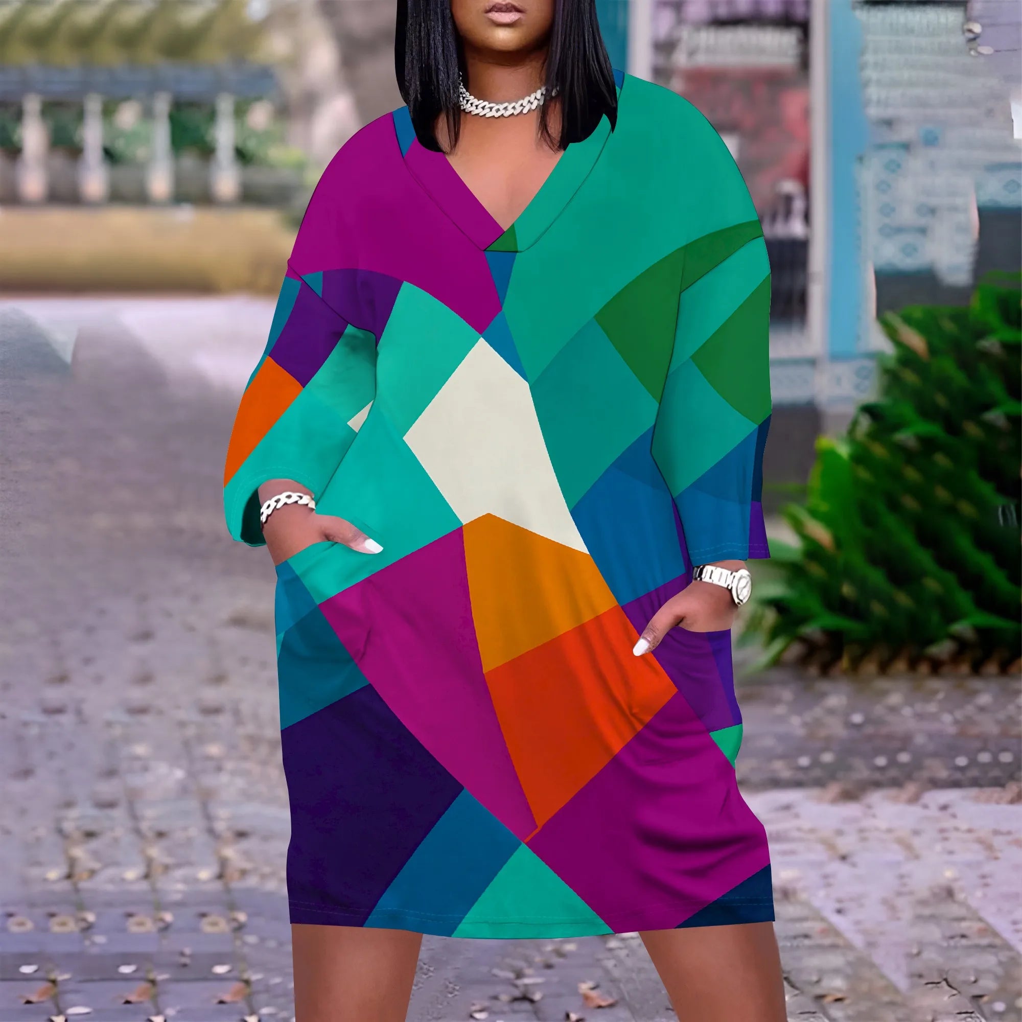 Plus Size Abstract Colorblock Dress XL-6XL Loose Fit V-Neck Style for Afro Parade or Museum Day Look