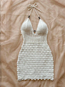 Soleia Summer Sexy V-Neck Hollow-Out Wooden Beads Fitted Dress, Vacation Spaghetti Strap Backless Ombre Knitted Dress, Suitable