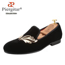 Piergitar Handcraft Black Velvet Slip-On Shoes With Gold Wings Metal Buckles For Wedding And Prom Classic Style Men's Loafers