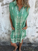 2025 New Women's Shirt Dress Loose Button Cardigan Fashion Printed Short Sleeve Pocket Cotton Linen Blend Vacation Beach Skirt