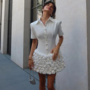 Short Sleeve White Dress with 3D Flower Women's Lapel Button Pleat Neck