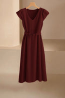 2024 Spring Summer Women's V-Neck Midi Dress Soft Stretch Office Casual Chic Solid Color No Belt Included
