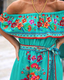 2024 Spring/Summer New Women Retro Fashion One Shoulder Red Flower Printed Waist Collection Long Style Large Swing Casual Dress