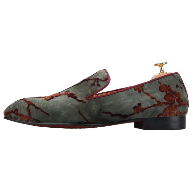 Men's Moccasins with Classic Bright Red Outsole and Three Colors of Flocking Jacquard Tie-Dyed Cottons