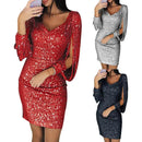 Women Mini Dress Glitter V Neck Hollow Out Tassel Long Sleeve Bodycon Gown Sexy Hip High Waist Dress Women Elegant Party dress