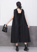 Front Pocket New 2025 Summer Korean Style Woman Black Sleeveless Shirt Dress Loose Fit Chic Holiday Casual Big Size Robe JKXD003