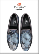 Piergitar 2023 New Abstract Printed Cotton Men's Loafers For Party Handmade Slip-On Moccasins Red Outsoles Smoking Slippers