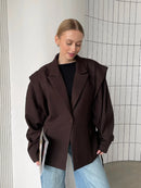 Trendy Lace-up Waist Cinching Blazer Woman Casual V-neck Solid Office Outerwear 2025 Autumn New Commute Long Sleeve Short Coats