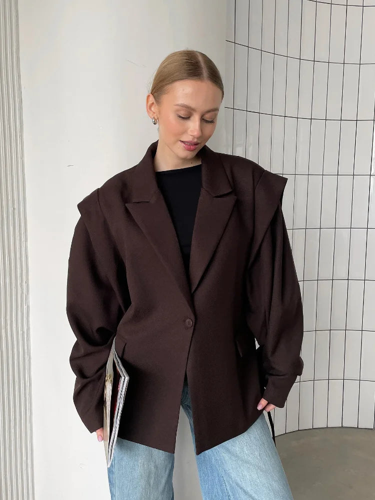 Trendy Lace-up Waist Cinching Blazer Woman Casual V-neck Solid Office Outerwear 2025 Autumn New Commute Long Sleeve Short Coats