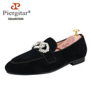 Piergitar Black Velvet Slippers With Matching Gros-grin Piping And Chain-Shaped Allover Crystals Handmade Slip-On Men's Loafers