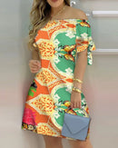 3XL Women's Casual Gradient Off Shoulder Short Sleeve Dress Bow Print Mini Dress