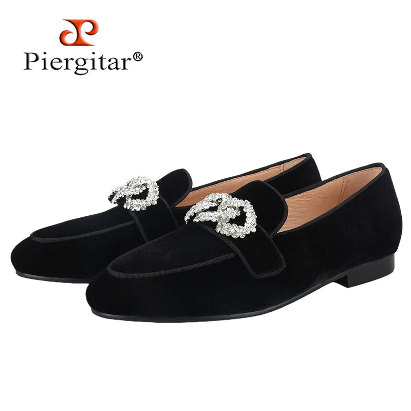 Piergitar Black Velvet Slippers With Matching Gros-grin Piping And Chain-Shaped Allover Crystals Handmade Slip-On Men's Loafers