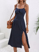 2024 Women Floral Print Spaghetti Straps Summer Boho Beach Dress Print Elegant  Suspenders Square Neck Slit Dress Vestidos
