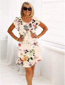 2025 Spring Chic Floral Print Chiffon Dress Woman Elegant Crew Neck Tierred Pleated Dress Summer Short Sleeve A-Line Party Dress